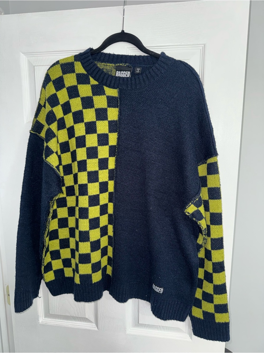The Ragged Priest UNISEX Navy & Chartreuse Checkerboard Crewneck Sweater